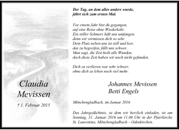 Todesanzeige von Claudia Mevissen von Rheinische Post