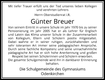 Todesanzeige von Günter Breuer von Rheinische Post