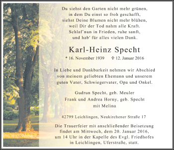 Todesanzeige von Karl-Heinz Specht von Rheinische Post