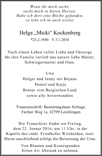 Todesanzeige von Helga Kockenberg von Rheinische Post