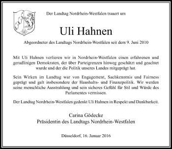 Todesanzeige von Uli Hahnen von Rheinische Post