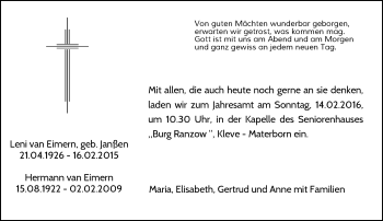 Todesanzeige von Leni und Hermann van Eimern von Rheinische Post