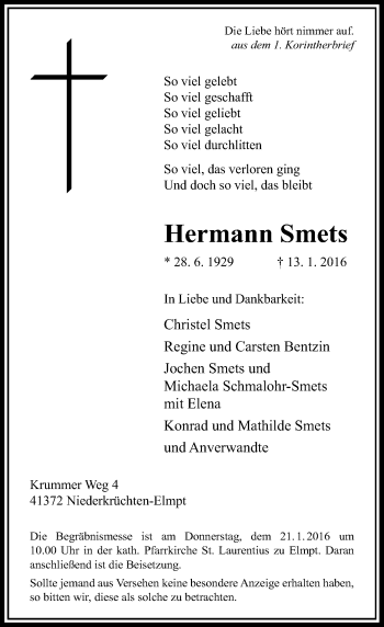 Todesanzeige von Hermann Smets von Rheinische Post