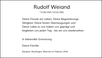 Todesanzeige von Rudolf Weiand von Rheinische Post