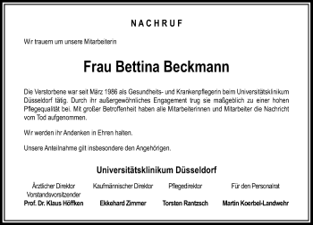 Todesanzeige von Bettina Beckmann von Rheinische Post