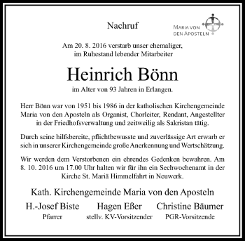 Todesanzeige von Heinrich Bönn von Rheinische Post
