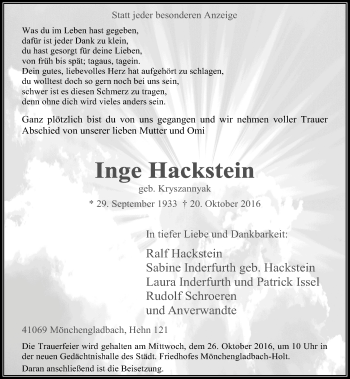 Todesanzeige von Inge Hackstein von Rheinische Post
