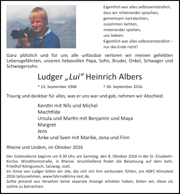Todesanzeige von Ludger Lui Heinrich Albers von Rheinische Post