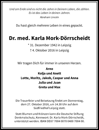 Todesanzeige von Karla Mork-Dörrscheidt von Rheinische Post