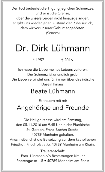 Todesanzeige von Dirk Lühmann von Rheinische Post