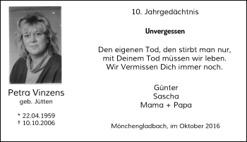 Todesanzeige von Petra Vinzens von Rheinische Post