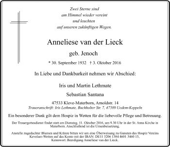 Todesanzeige von Anneliese van der Lieck von Rheinische Post