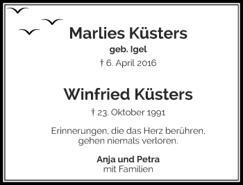 Todesanzeige von Marlies und Winfried Küsters von Rheinische Post
