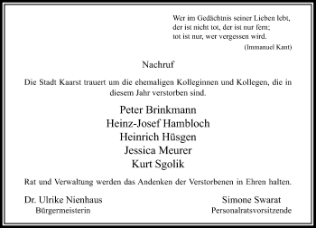 Todesanzeige von In Gedenken ehemaligen Kolleginnen und Kollegen von Rheinische Post