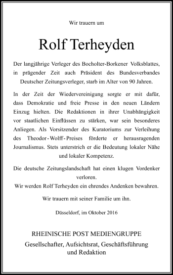 Todesanzeige von Rolf Terheyden von Rheinische Post