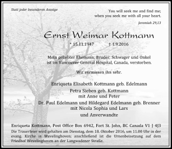Todesanzeige von Ernst Weimar Koffmann von Rheinische Post