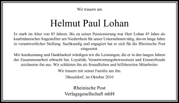 Todesanzeige von Helmut Paul Lohan von Rheinische Post