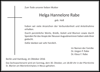 Todesanzeige von Helga Hannelore Rabe von Rheinische Post