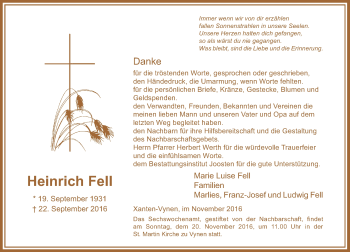 Todesanzeige von Heinrich Fell von Rheinische Post