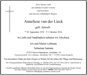 Todesanzeige von Anneliese van der Lieck von Rheinische Post