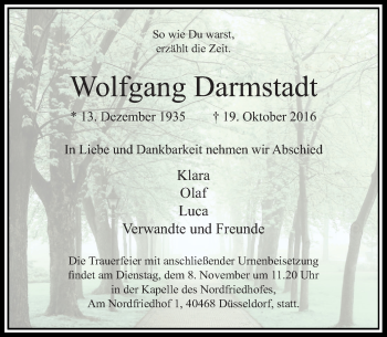 Todesanzeige von Wolfgang Darmstadt von Rheinische Post