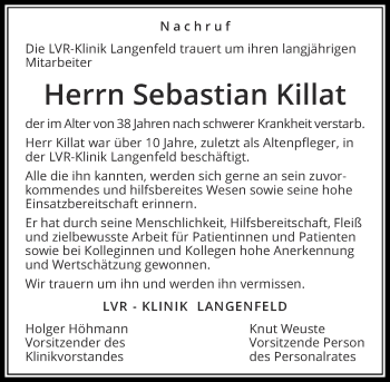 Todesanzeige von Sebastian Killat von Rheinische Post