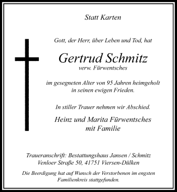 Todesanzeige von Gertrud Schmitz von Rheinische Post