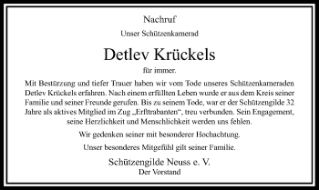Todesanzeige von Detlev Krückels von Rheinische Post