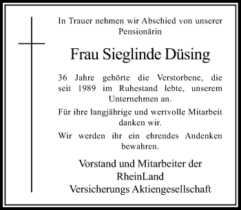 Todesanzeige von Sieglinde Düsing von Rheinische Post