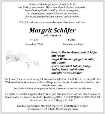 Todesanzeige von Margrit Schäfer von Rheinische Post