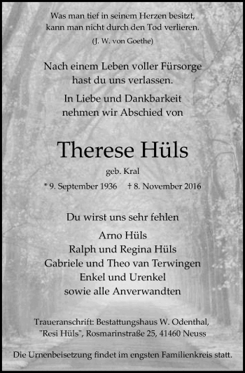 Todesanzeige von Therese Hüls von Rheinische Post