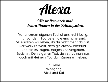 Todesanzeige von Alexa  von Rheinische Post