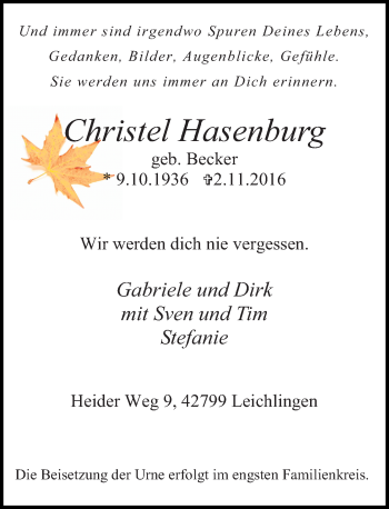Todesanzeige von Christel Hasenburg von Rheinische Post