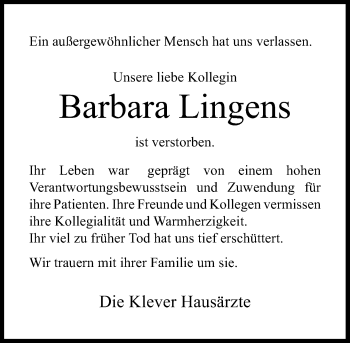 Todesanzeige von Barbara Lingens von Rheinische Post