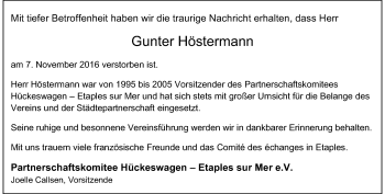 Todesanzeige von Gunter Höstermann von Rheinische Post