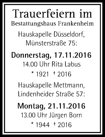Todesanzeige von Beerdigungen vom 17.11.2016 von Rheinische Post