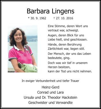 Todesanzeige von Barbara Lingens von Rheinische Post