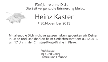 Todesanzeige von Heinz Kaster von Rheinische Post