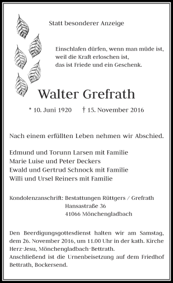 Todesanzeige von Walter Grefrath von Rheinische Post