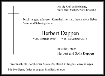 Todesanzeige von Herbert Dappen von Rheinische Post