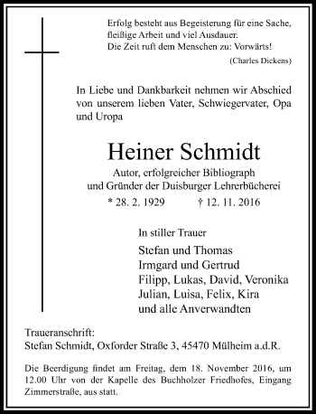 Todesanzeige von Heiner Schmidt von Rheinische Post