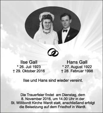 Todesanzeige von Ilse, Hans Gall von Rheinische Post