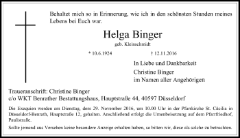 Todesanzeige von Helga Binger von Rheinische Post