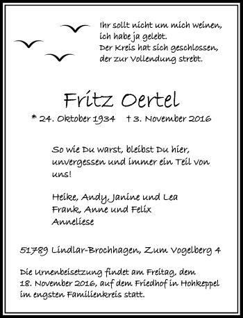 Todesanzeige von Fritz Oertel von Rheinische Post