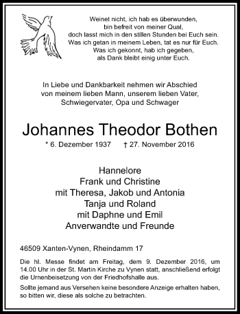 Todesanzeige von Johannes Theodor Bothen von Rheinische Post
