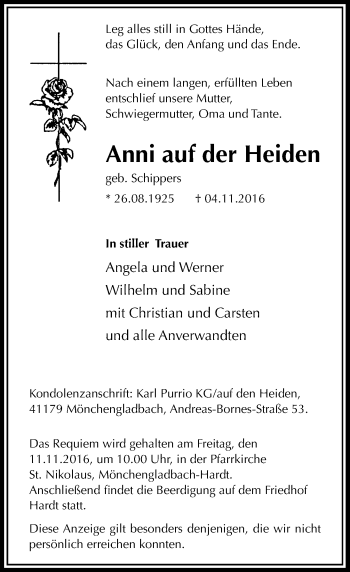 Todesanzeige von Anni auf der Heiden von Rheinische Post