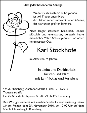 Todesanzeige von Karl Stockhofe von Rheinische Post