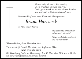 Todesanzeige von Bruno Hartstock von Rheinische Post