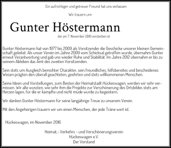 Todesanzeige von Gunter Höstermann von Rheinische Post