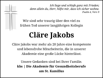 Todesanzeige von Cläre Jakobs von Rheinische Post